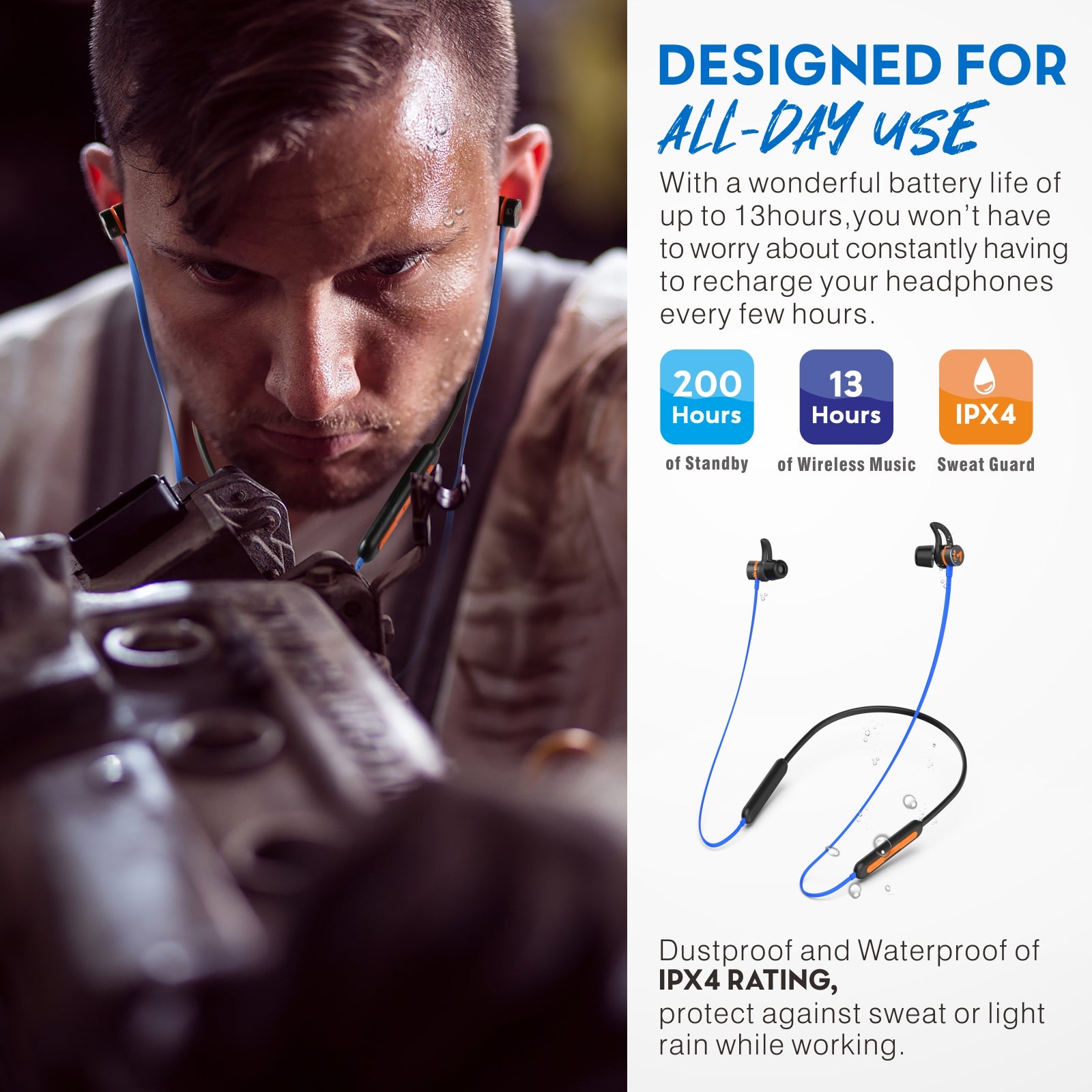 Bluetooth noise reduction headphones, Mipeace magnetic custom-fit safety  wireless neckband headphones (13+ hours)